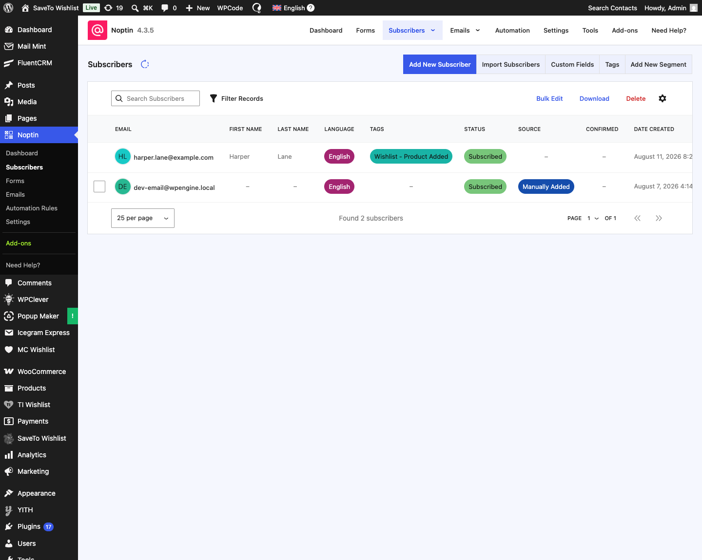 saveto-wishlist-noptin-subscriber-tag - SaveTo Wishlist A Noptin subscriber showing the Wishlist - Product Added tag