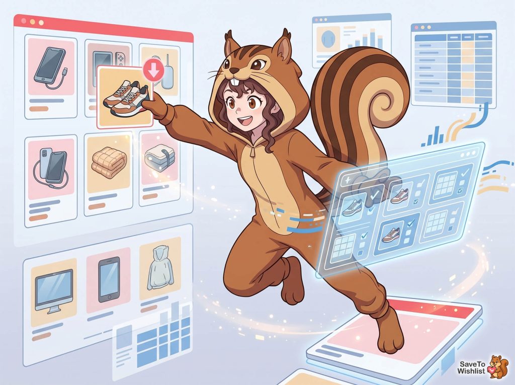 Young woman in a squirrel onesie leaps from a smartphone, joyfully selecting sneakers on floating holographic shopping interfaces and analytics screens.
