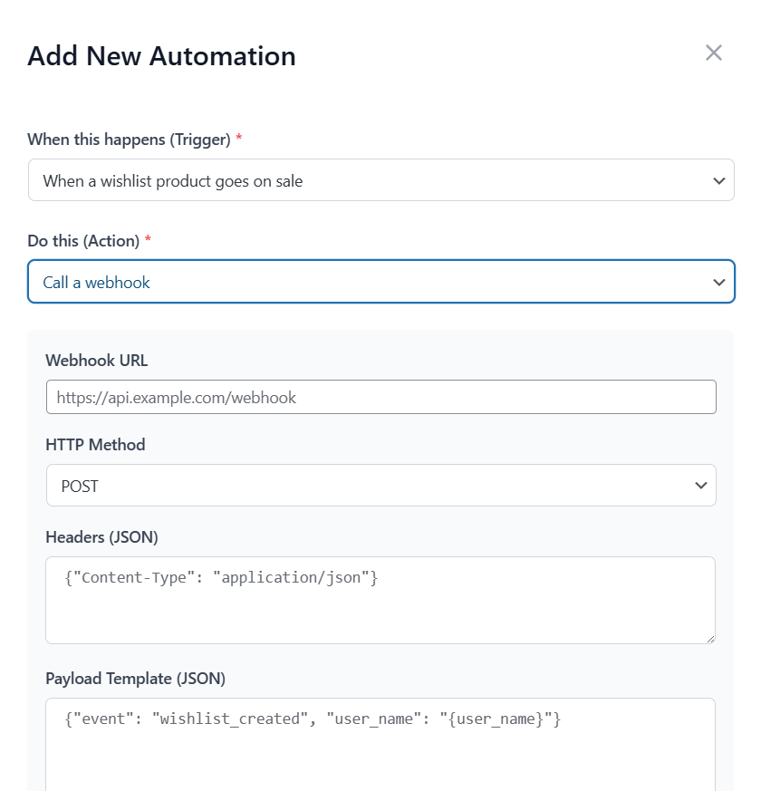 saveto-wishlist-pro-automations-webhooks - SaveTo Wishlist Modal titled 'Add New Automation' showing trigger 'When a wishlist product goes on sale' and action 'Call a webhook' with POST fields.