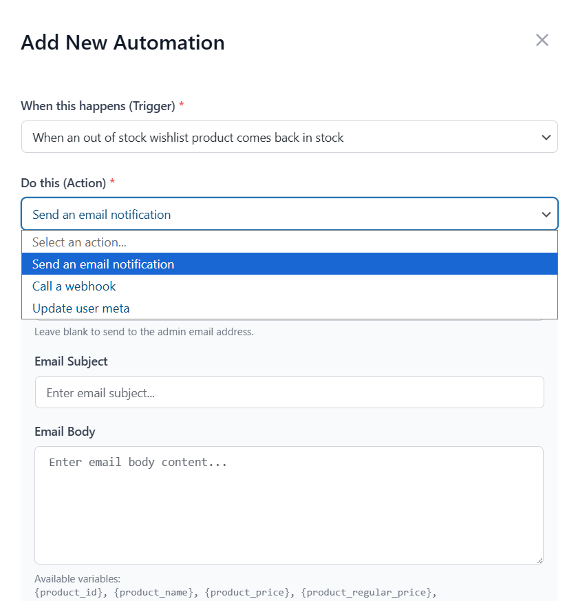 saveto-wishlist-pro-automations - SaveTo Wishlist A settings modal for adding a new automation: trigger set to 'out-of-stock wishlist product back in stock' with 'send an email notification' action selected.