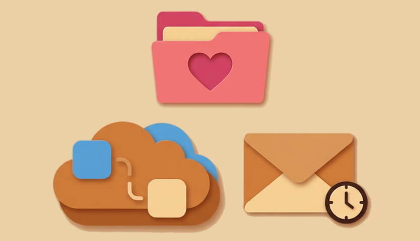 Stylized pastel icons — a pink folder with a heart, cloud storage blocks, and a timed envelope — on a warm beige background.