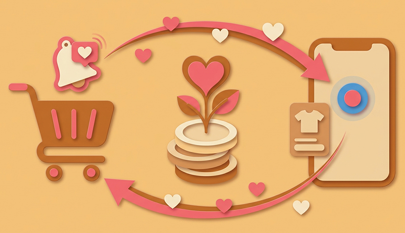 Illustration of a mobile shopping rewards loop: smartphone, shopping cart, and coin stack sprouting a heart-shaped plant connected by pink arrows and hearts.