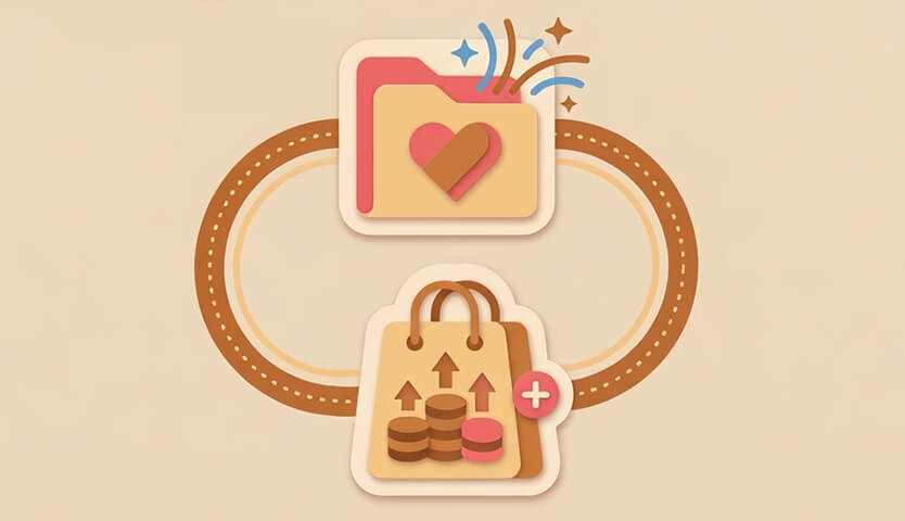 A pastel folder icon with a heart and celebratory sparkles, suggesting saved favorites or cherished items in a warm beige interface.
