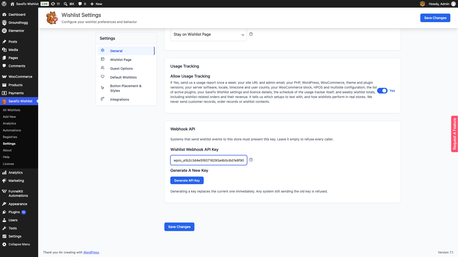 saveto-wishlist-pro-webhook-api-key-general-tab - SaveTo Wishlist La sección Webhook API en la pestaña de configuración General, mostrando el campo Wishlist Webhook API Key y el botón Generate API Key