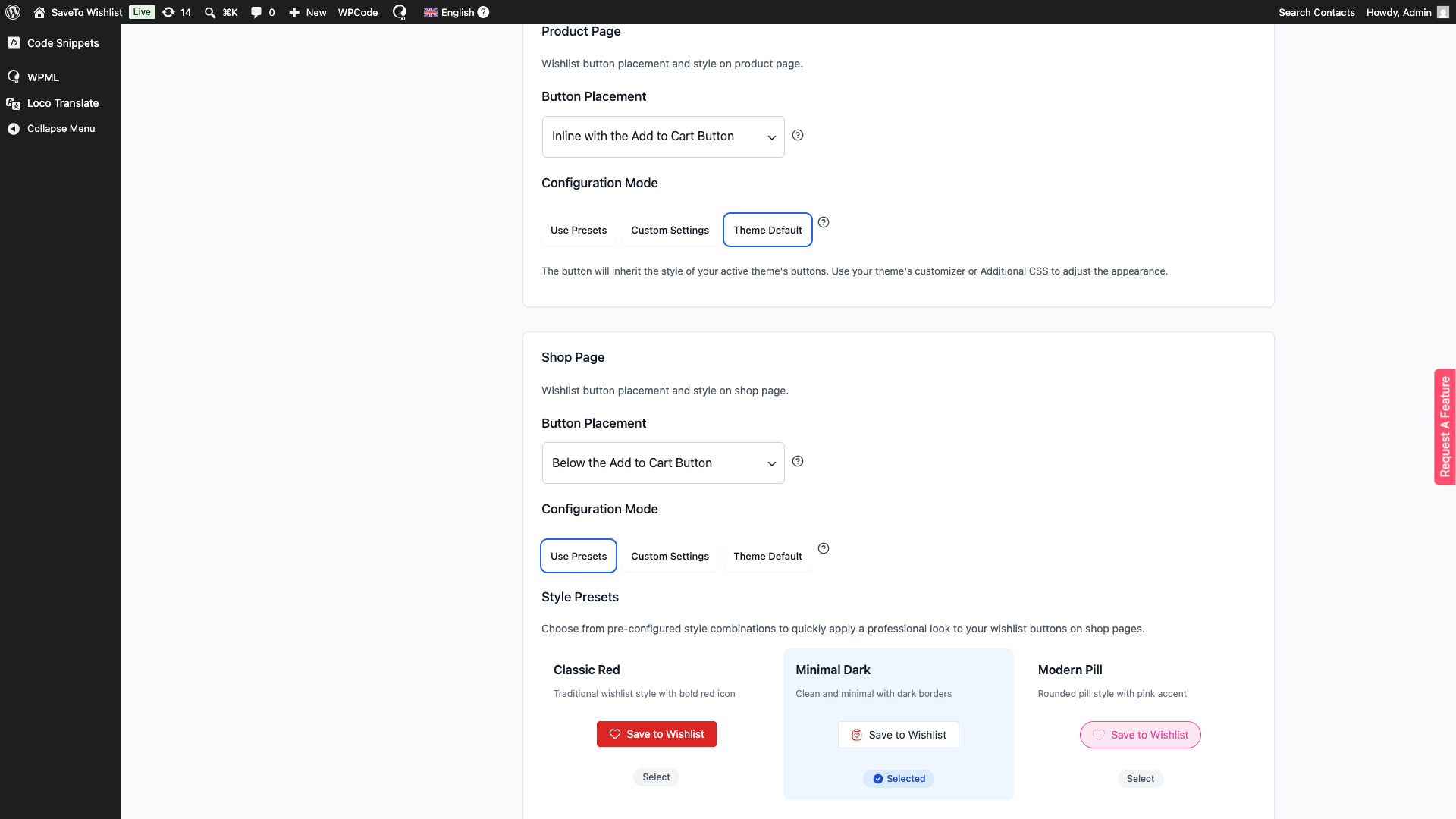 saveto-wishlist-product-page-theme-default-placement - SaveTo Wishlist SaveTo Wishlist Product Page settings showing the three Configuration Mode options: Use Presets, Custom Settings and Theme Default