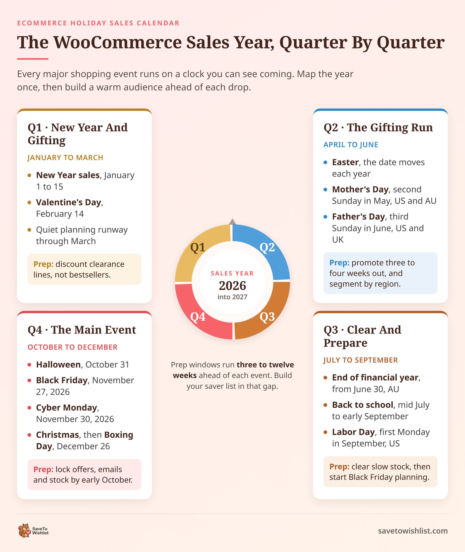 saveto-wishlist-sales-year-wheel - SaveTo Wishlist Diagrama circular del año de ventas de WooCommerce que muestra el Q1 Año Nuevo y Día de San Valentín, el Q2 Pascua y Día de la Madre y Día del Padre, el Q3 fin del año fiscal y vuelta al cole, y el Q4 Halloween, Black Friday, Cyber Monday, Navidad y Boxing Day.