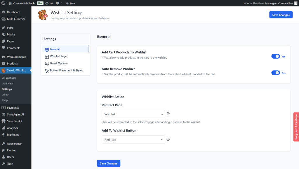 saveto-wishlist-settings - SaveTo Wishlist WordPress admin 'Wishlist Settings' page for SaveTo Wishlist plugin, showing enabled Add Cart and Auto Remove toggles, blue Save Changes button.