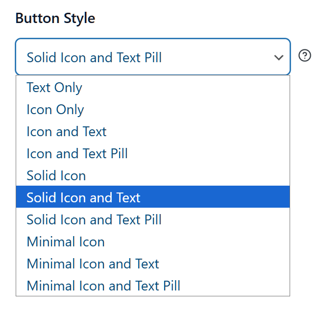 saveto-wishlist-settings-button-placement-and-styles-product-page-button-style - SaveTo Wishlist Dropdown labeled 'Button Style' showing a list of button types with 'Solid Icon and Text' highlighted in blue, white menu background.