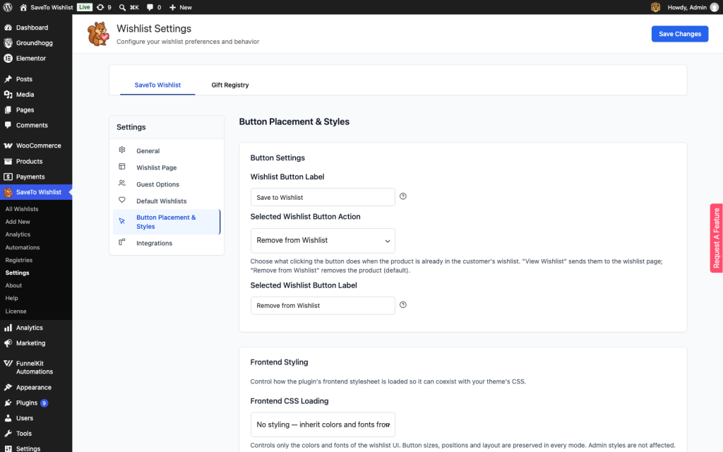 saveto-wishlist-settings-button-placement-styles-tab - SaveTo Wishlist The Button Placement and Styles tab in the SaveTo Wishlist plugin settings screen
