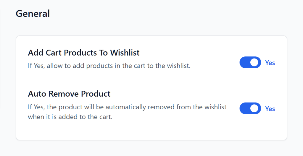 saveto-wishlist-settings-general-add-cart-auto-remove-product - SaveTo Wishlist Settings panel showing enabled options: adding cart products to wishlist and automatically removing wishlist items when added to the cart.