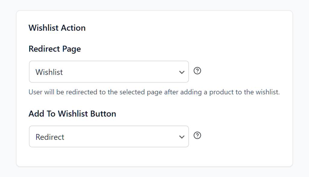 saveto-wishlist-settings-general-wishlist-action - SaveTo Wishlist Web settings panel titled 'Wishlist Action' showing 'Redirect Page' dropdown set to 'Wishlist' and 'Add To Wishlist Button' set to 'Redirect'.