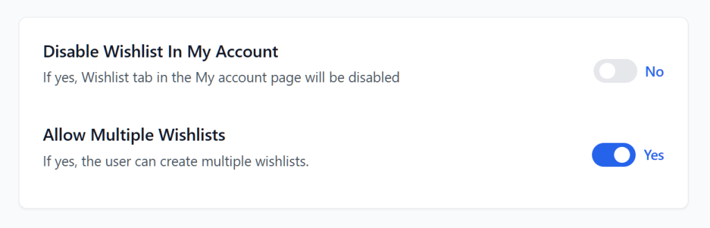 saveto-wishlist-settings-wishlist-page-disable-wishlist-allow-multiple-wishlists - SaveTo Wishlist Settings card showing 'Disable Wishlist In My Account' toggle turned off (No) and 'Allow Multiple Wishlists' toggle enabled (Yes) with blue accent.