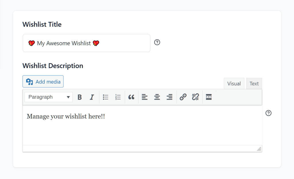 saveto-wishlist-settings-wishlist-page-title-description - SaveTo Wishlist User editing a wishlist on a web admin page, with title 'My Awesome Wishlist' entered and a rich-text description area visible.