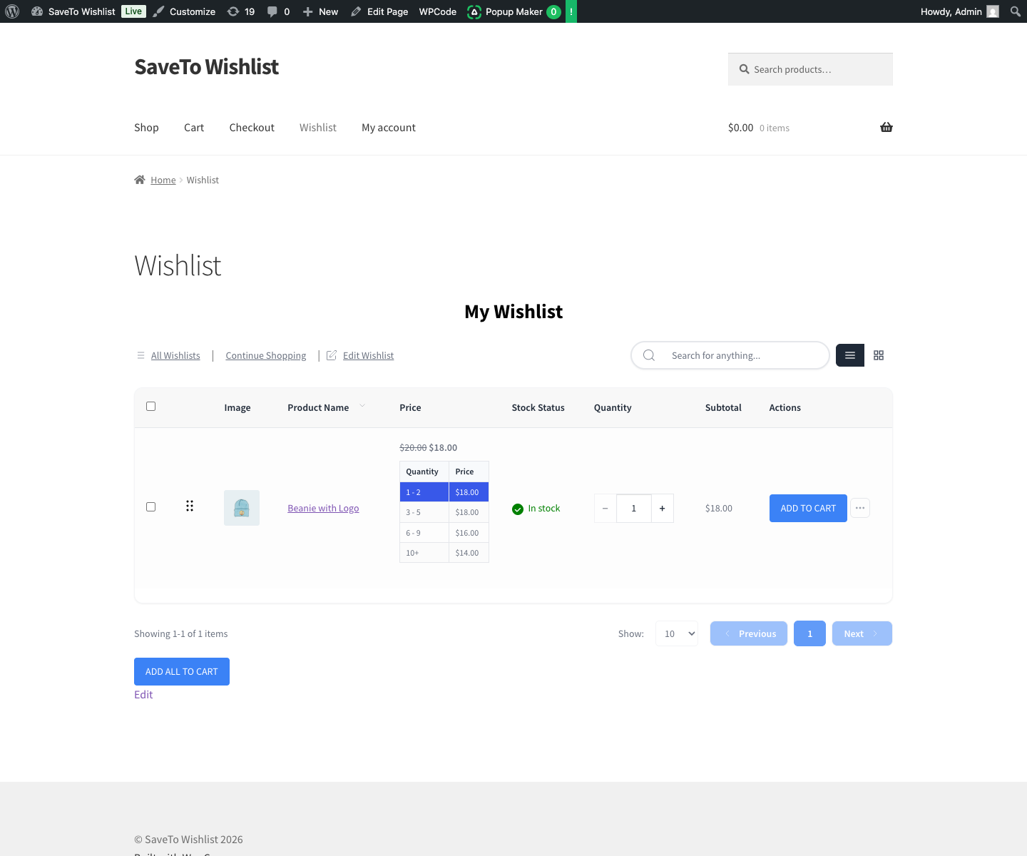 saveto-wishlist-tiered-pricing-wishlist - SaveTo Wishlist A wishlist page showing tier prices and the tier minimum quantity for a product with tiered pricing