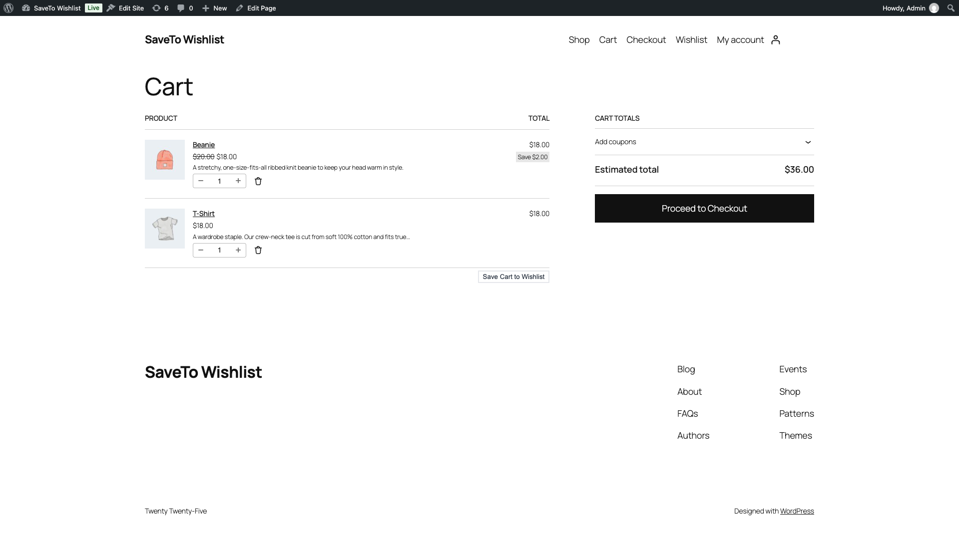 saveto-wishlist-woocommerce-blocks-cart - SaveTo Wishlist Blokowy Koszyk z przyciskiem listy życzeń poniżej pozycji koszyka