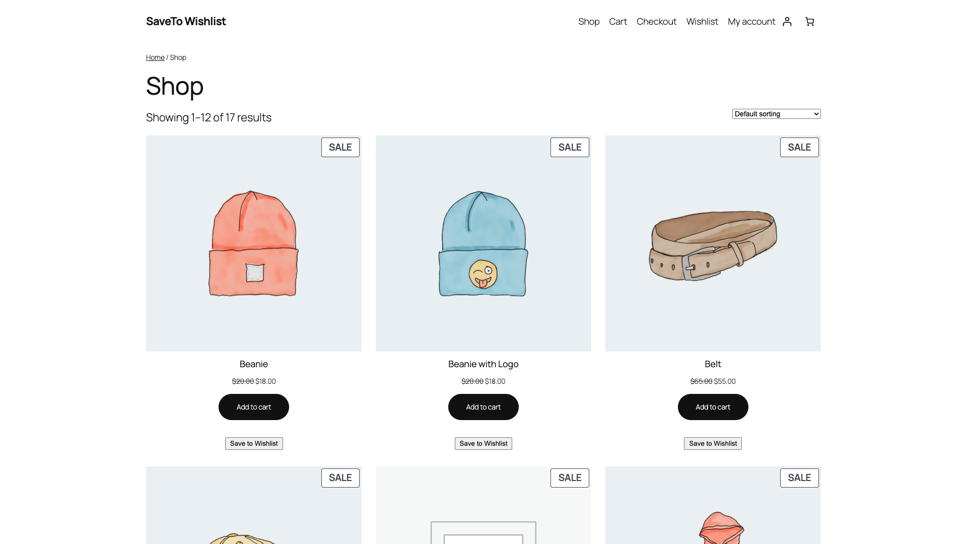 saveto-wishlist-woocommerce-blocks-product-grid - SaveTo Wishlist Siatka produktów w motywie blokowym z przyciskiem listy życzeń przy każdym produkcie