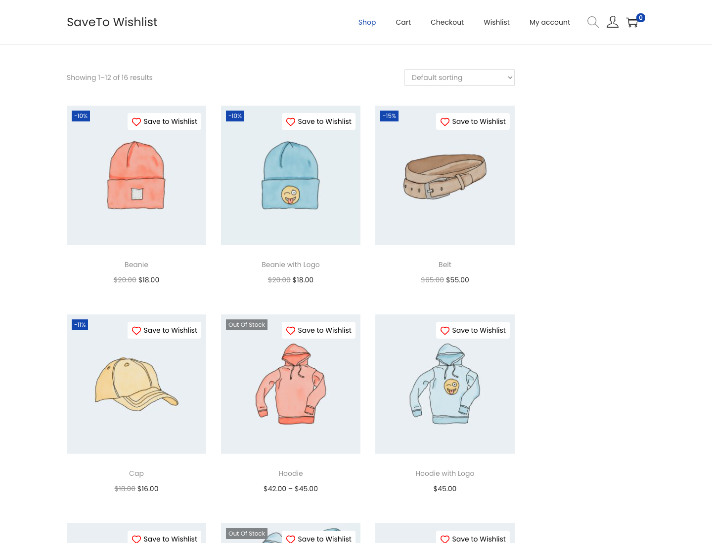 saveto-wishlist-woostify-shop-grid - SaveTo Wishlist A Woostify shop page product grid with the wishlist button on each product