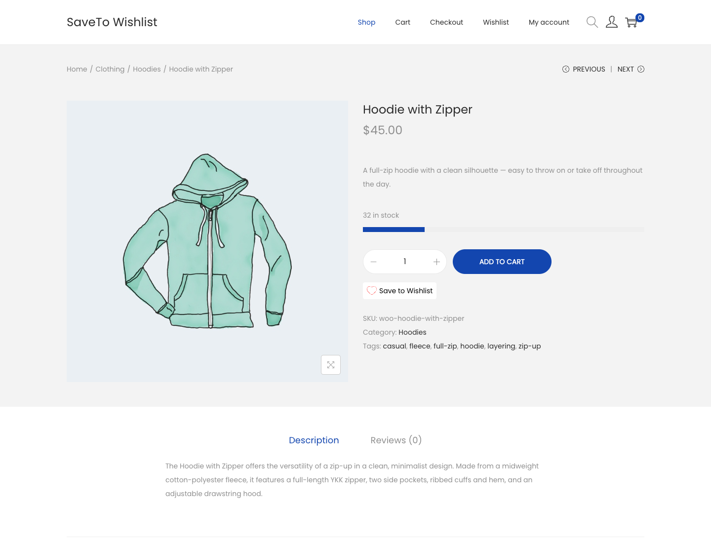 saveto-wishlist-woostify-single-product - SaveTo Wishlist A Woostify single product page with the wishlist button