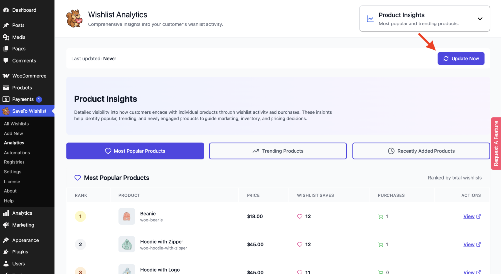 saveto-wishlist_analytics_update-now - SaveTo Wishlist Barra de herramientas de análisis que muestra la marca de tiempo "Última actualización" y el botón "Actualizar ahora".