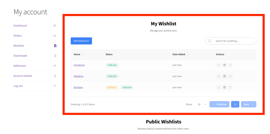 La dashboard della wishlist del cliente che mostra le wishlist di Compleanno, Matrimonio e Natale create per impostazione predefinita.