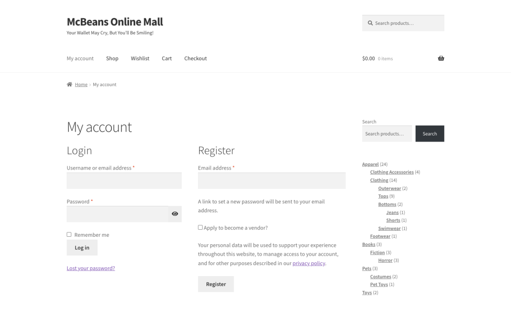 The WooCommerce My Account login and register screen a guest reaches from the wishlist popup