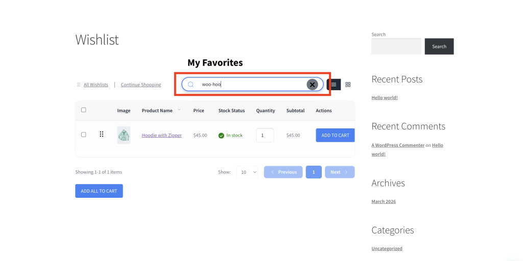 savetowishlist-product-search-by-sku - SaveTo Wishlist Customer-facing wishlist page with the “Search for anything...” search box active, showing a SKU typed in and matching wishlist items displayed