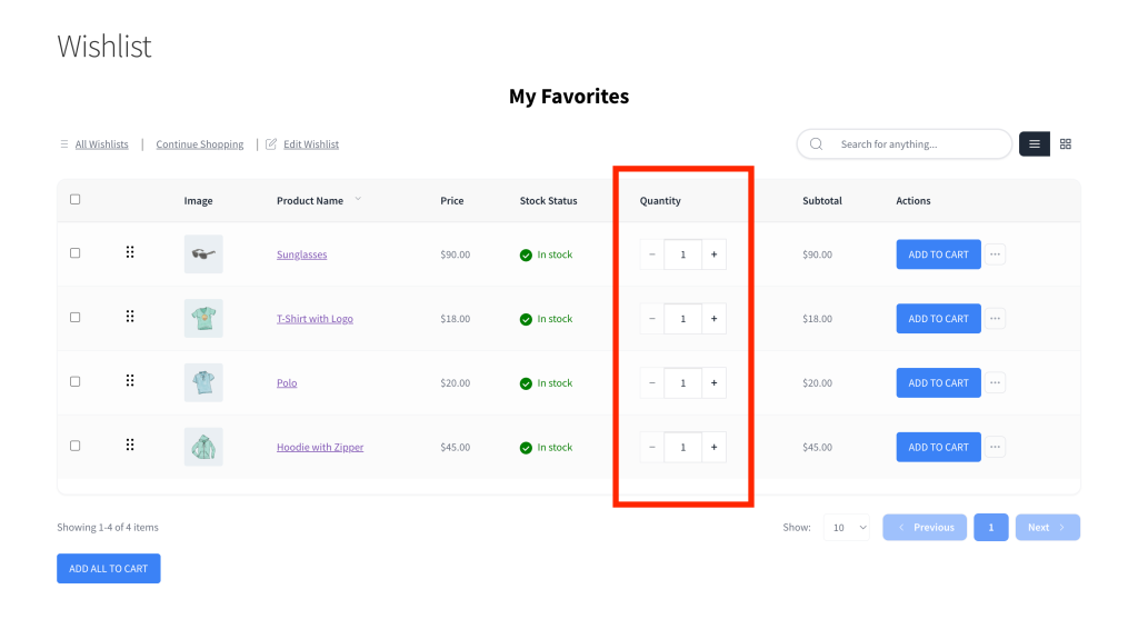 savetowishlist-quantity-box - SaveTo Wishlist Wishlist table showing the Quantity column with the number input field and +/− spinner controls visible