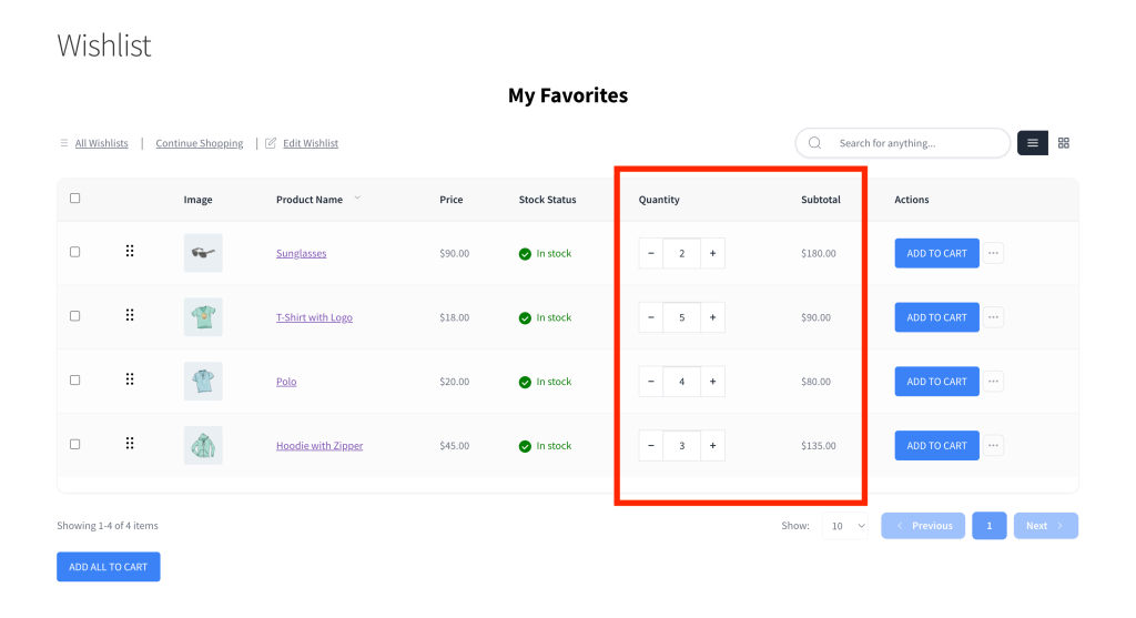 savetowishlist-quantity-box-subtotal-updated - SaveTo Wishlist Wishlist table after a quantity change, with the Subtotal column showing the recalculated amount
