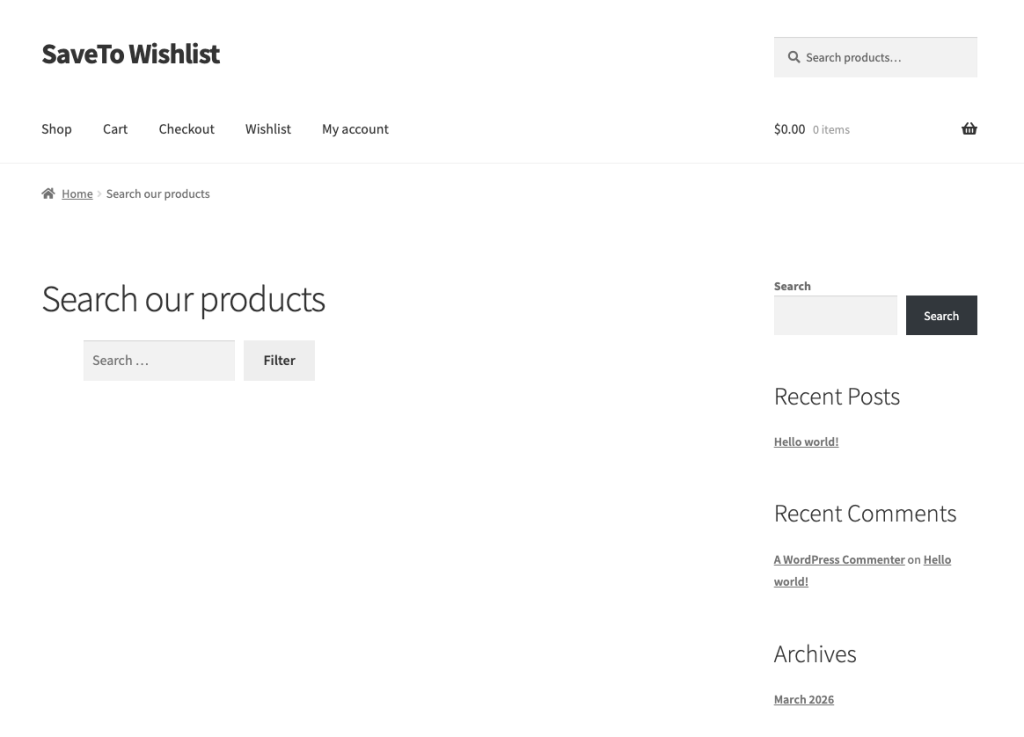 search-filter-saveto-wishlist-form - SaveTo Wishlist E-commerce paginamock-up met een SaveTo Wishlist-kop, navigatie en een grote'Zoek onze producten'-hoofdtitel.