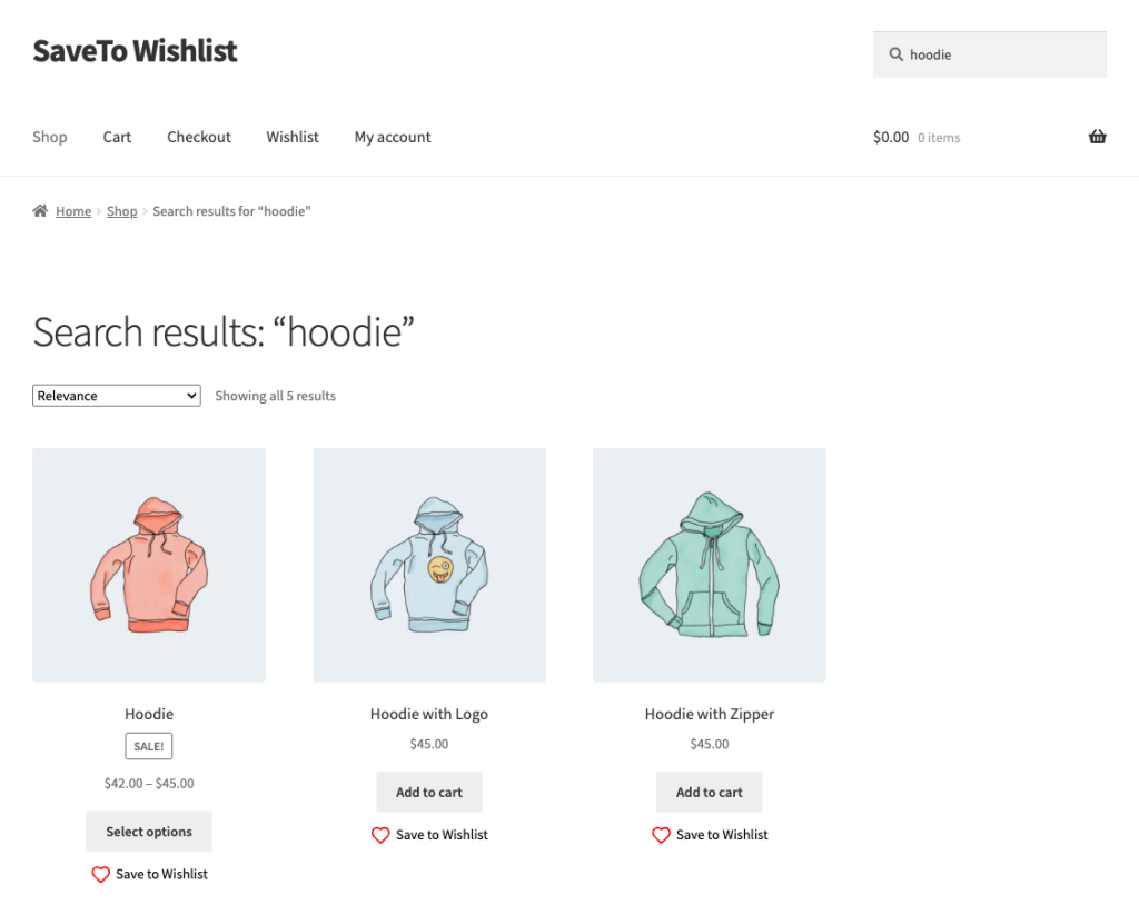 search-filter-saveto-wishlist-results-grid - SaveTo Wishlist Zoekresultaten voor 'hoodie': vijf hoodieproducten in een raster met afbeeldingen, namen, prijzen en actieknoppen (Toevoegen aan winkelwagen / Opslaan in verlanglijst).