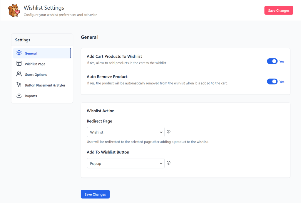 settings-general - SaveTo Wishlist Dashboard-style wishlist settings screen showing toggles for adding cart products and auto-remove, plus redirect and add-to-wishlist button options.