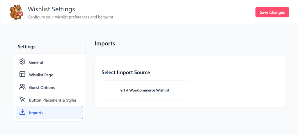 Dashboard screen showing Wishlist Settings with sidebar navigation and Imports tab selected, plus a central panel prompting to select YITH WooCommerce Wishlist.