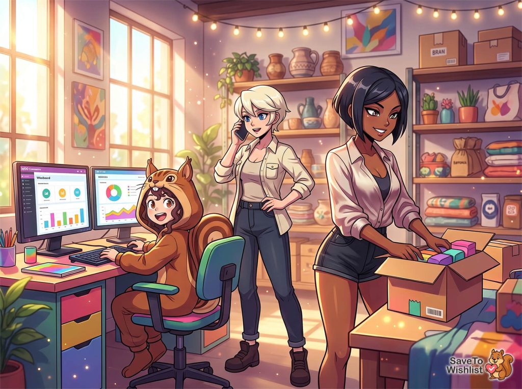 small-business-saturday-woocommerce-wishlist-filler-01 - SaveTo Wishlist Tres colegas en un espacio de trabajo luminoso y acogedor: uno con una sudadera de ardilla en un ordenador, una mujer rubia al teléfono y otra mujer empaquetando cajas para el envío.