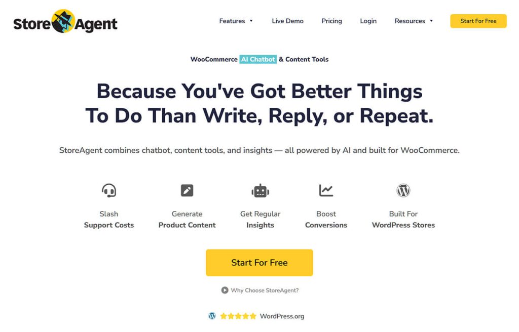 StoreAgent homepage hero promoting an AI-powered WooCommerce chatbot and content tools, featuring bold headline, icons, and a yellow 'Start For Free' button.
