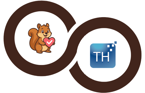 Interlocking brown rings logo with a cartoon squirrel holding a pink heart in the left circle and the blue ThemeHunk TH logo in the right circle.