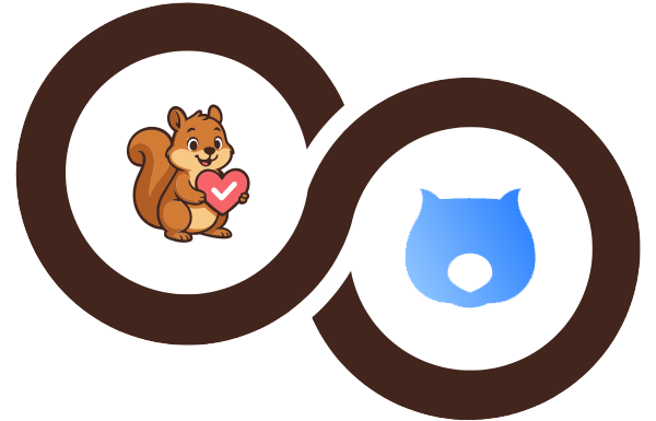Logo entrelacé d'anneaux marron avec un écureuil de dessin animé tenant un cœur rose dans le cercle gauche et le mot 'woo' en violet dans le cercle droit.