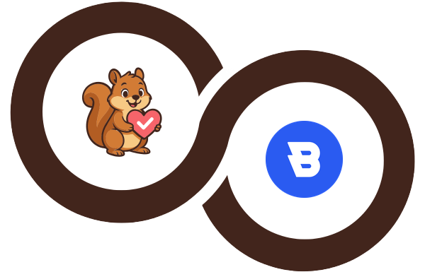 Interlocking brown rings logo with a cartoon squirrel holding a pink heart in the left circle and the blue Blocksy B logo in the right circle.