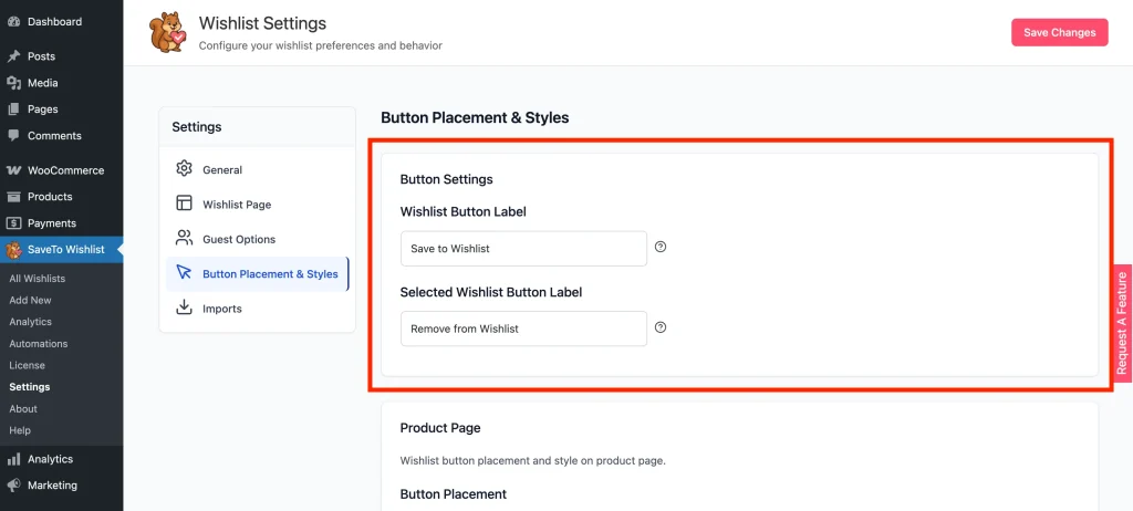 stw - btn styles - btn settings - SaveTo Wishlist Button Settings section showing Wishlist Button Label and Selected Wishlist Button Label fields.