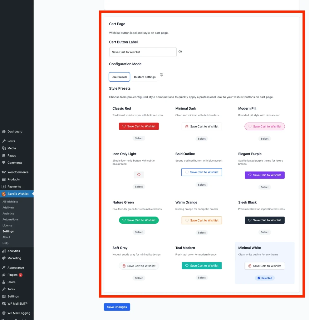 stw - btn styles - cart page - SaveTo Wishlist Cart Page section showing Configuration Mode radio with Use Presets and Custom Settings options.