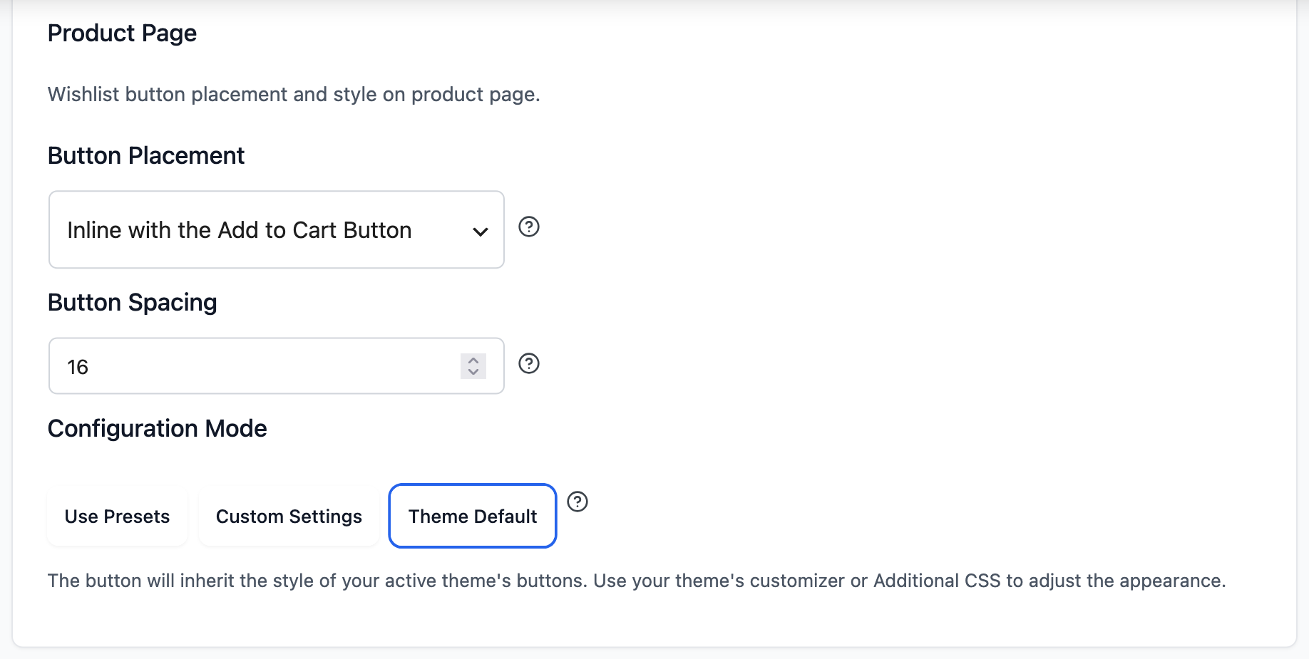 stw-button-spacing-inline-add-to-cart - SaveTo Wishlist The Product Page section of Button Placement and Styles, with Button Placement set to Inline with the Add to Cart Button and the Button Spacing field showing 16
