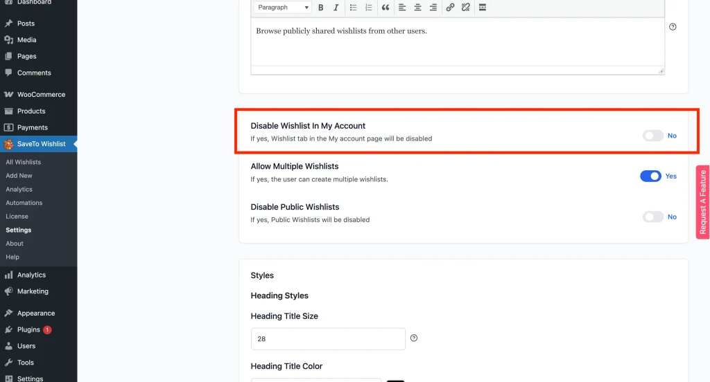 Disabling Wishlist in the My Account Tab