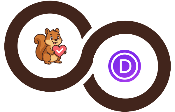 Interlocking brown rings logo with a cartoon squirrel holding a pink heart in the left circle and the purple Divi D logo in the right circle.