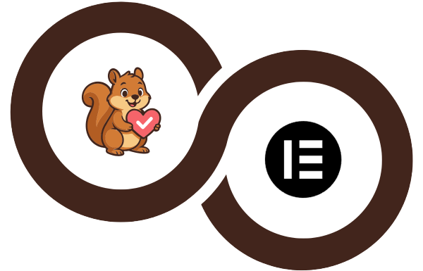 In elkaar grijpend bruin ringlogo met een cartoon-eekhoorn die een roze hart vasthoudt in de linker cirkel en het woord 'woo' in paars in de rechter cirkel.