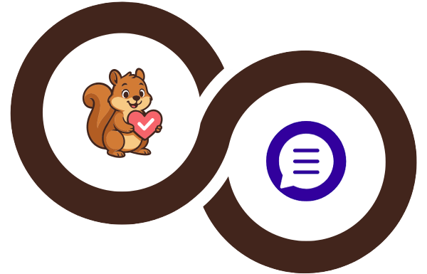 Verschlungener brauner Ringe-Logo mit einem Cartoon-Eichhörnchen, das ein rosa Herz im linken Kreis hält, und dem Wort 'woo' in Lila im rechten Kreis.