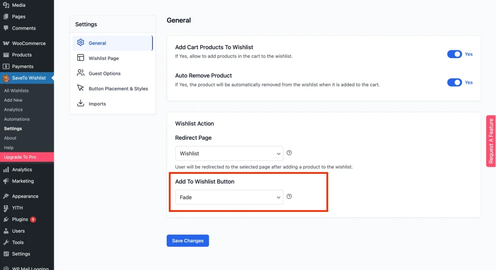 Step 2: Select the "Fade" Button Action