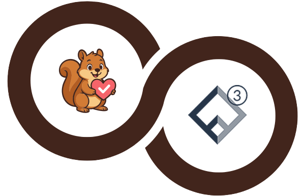 Interlocking brown rings logo with a cartoon squirrel holding a pink heart in the left circle and the Flatsome 3 diamond logo in the right circle.