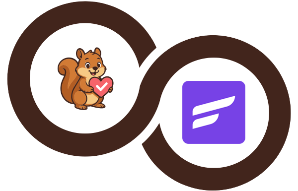 Verschlungener brauner Ringe-Logo mit einem Cartoon-Eichhörnchen, das ein rosa Herz im linken Kreis hält, und dem Wort 'woo' in Lila im rechten Kreis.