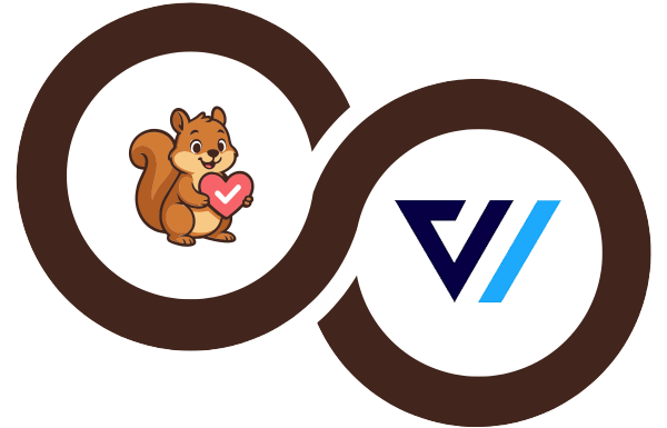 In elkaar grijpend bruin ringlogo met een cartoon-eekhoorn die een roze hart vasthoudt in de linker cirkel en het woord 'woo' in paars in de rechter cirkel.