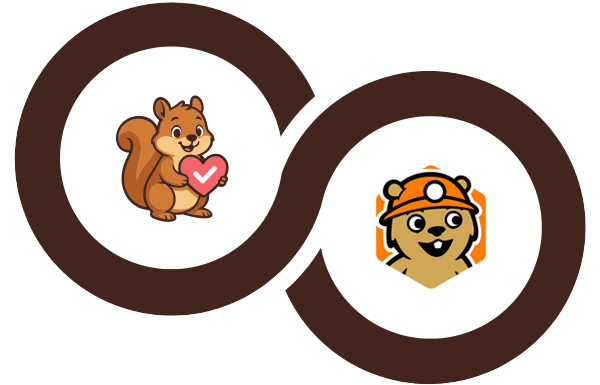 Interlocking brown rings logo with a cartoon squirrel holding a pink heart in the left circle and the word 'woo' in purple in the right circle.