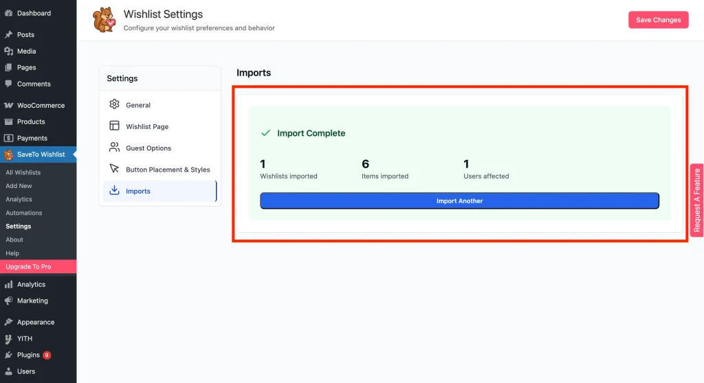 stw - import - succesfully imported - SaveTo Wishlist